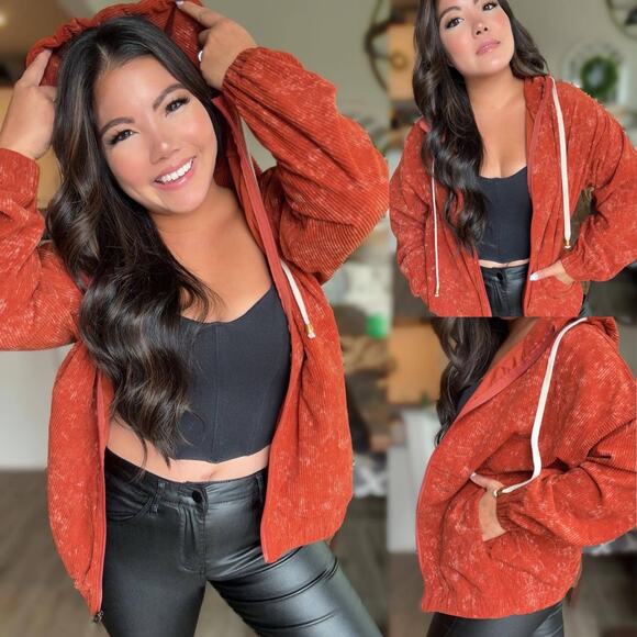 JadyK Jackets & Blazers - Charlotte Corduroy Acid Wash Hoodie Full Zip Up Jacket Rust